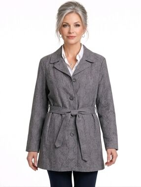 Relativity Gray French Scroll Print Buttoned  Lightweight Trench Coat Size XL